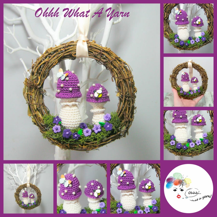 Crochet toadstool rattan wreath. Toadstool hanging decoration. Mushroom wreath.