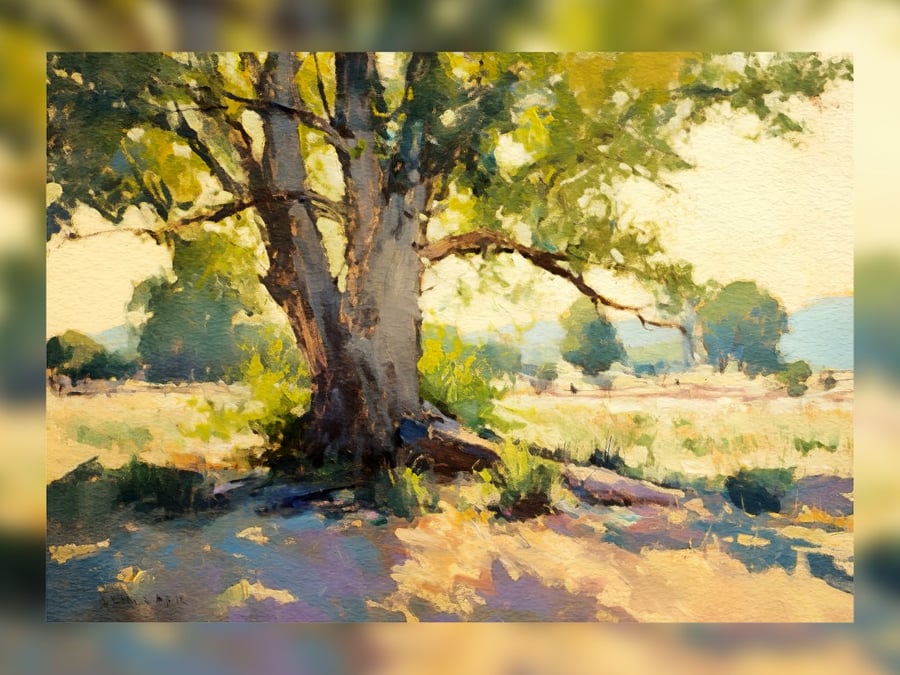 Tranquil Countryside Tree in Warm Sunlight 5"x 7" on Matte Paper