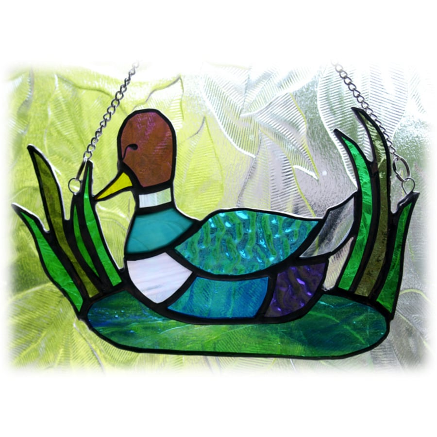 Duck Suncatcher Stained Glass Mega Mallard in Reed Bed 