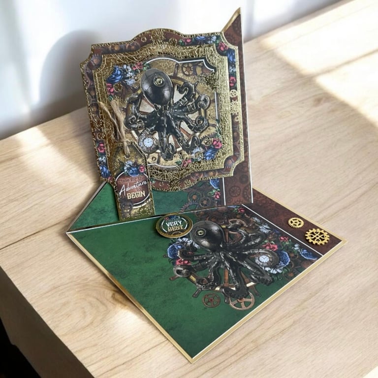 Steampunk Octopus Twisted Easel Card - Unique Fantasy Greeting Card