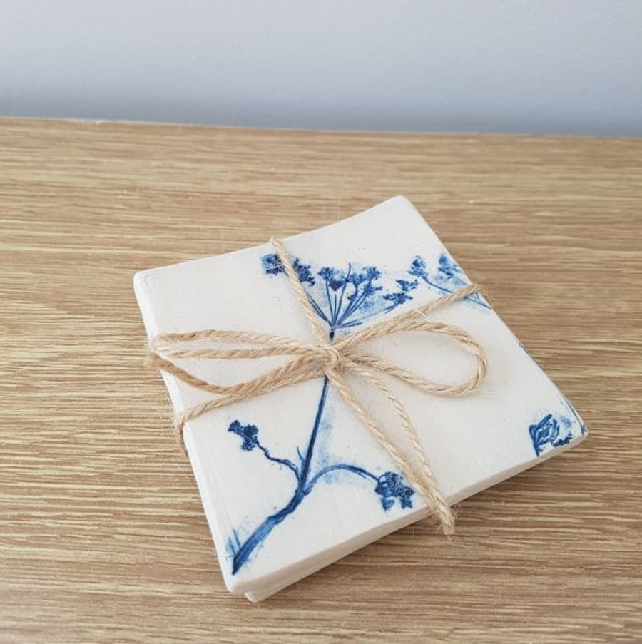Set of 2 Square Blue Cow Parsley Ceramic Coasters