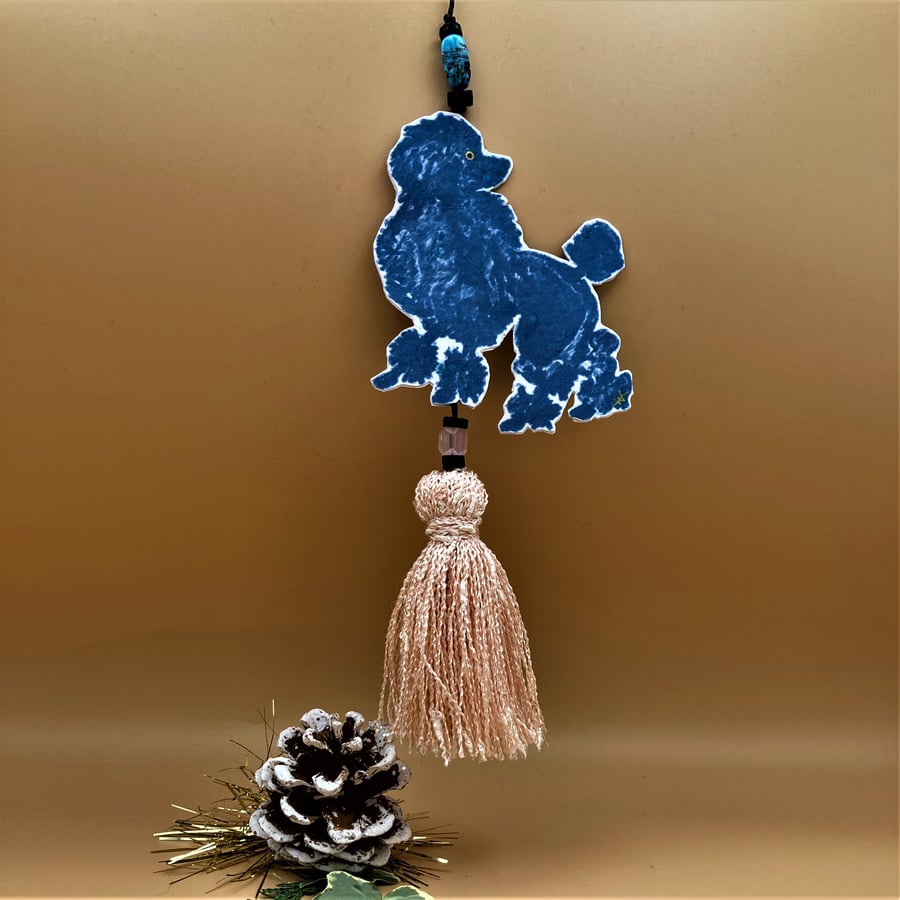 Blue poodle dog 'retro' mobile decoration with 'boho' tassel & special beads .