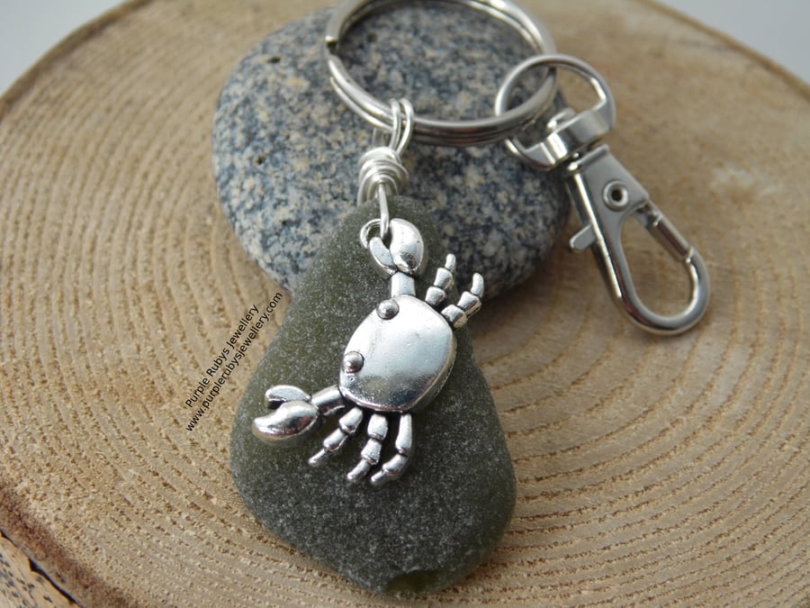 Olive Cornish Sea Glass with Crab Charm Bag Charm Keyring K396