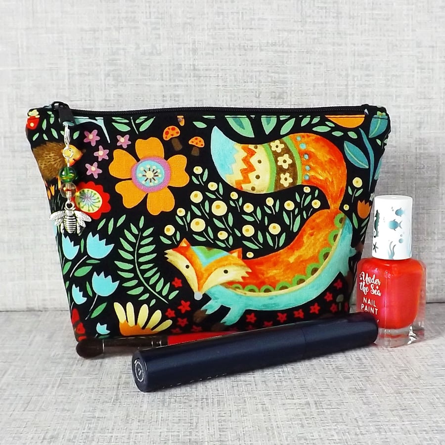 Make up bag, zipped pouch, cosmetic bag, woodland, fox