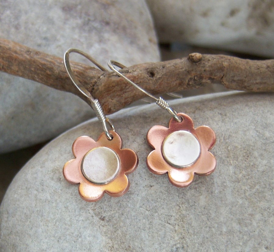 Flower earrings in copper and sterling silver