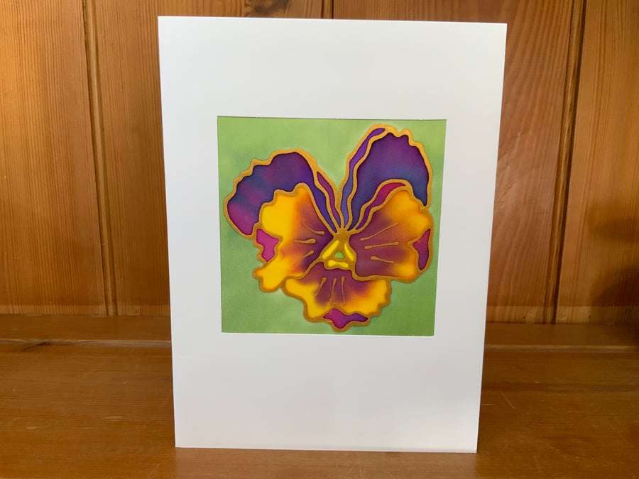 Original hand painted silk greeting card Pansy