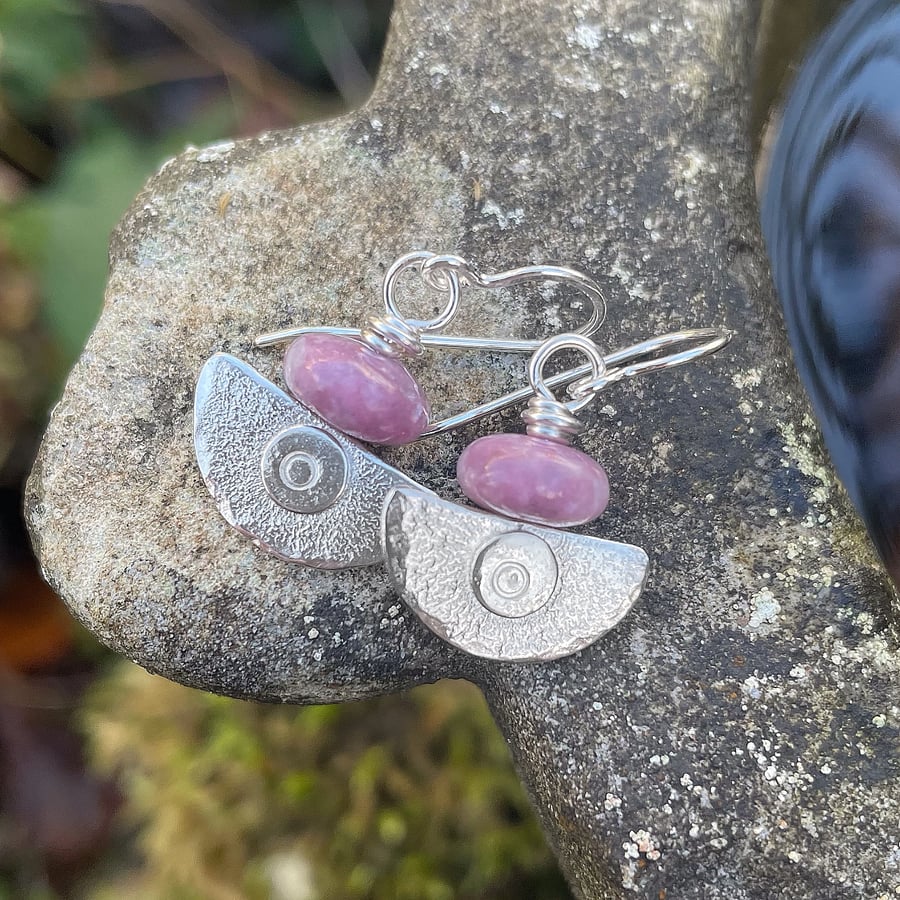  silver and dusky lilac lepidolite earrings Ulu tribal blade