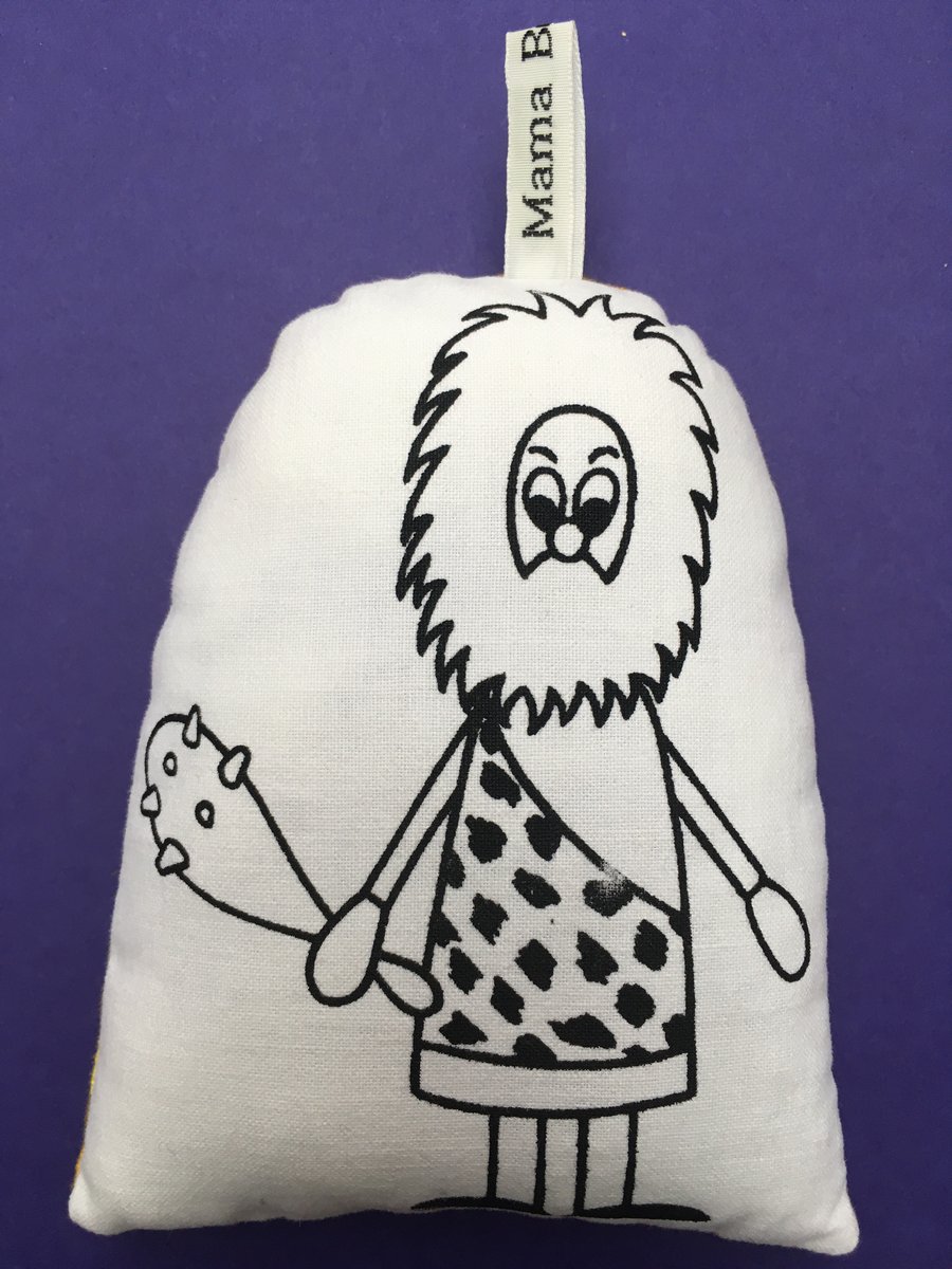 Hand Screen Printed Caveman Lavender Bag with 1970’s Yellow Floral Fabric