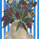 A3 art print - Autumn flowers in vase with blue striped background (06)