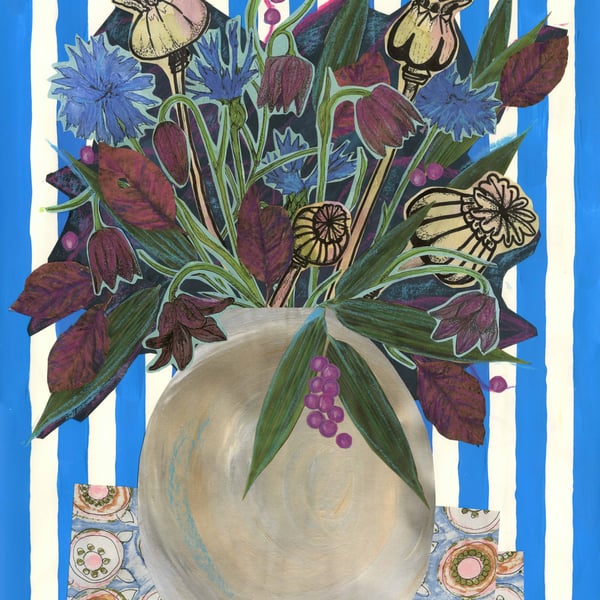 A3 art print - Autumn flowers in vase with blue striped background (06)