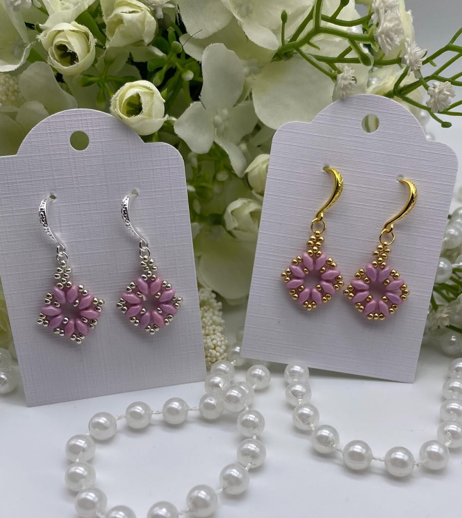 Lilac or pink SuperDuo drop Earrings