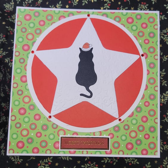 Xmas Star Cat Christmas Card red and green