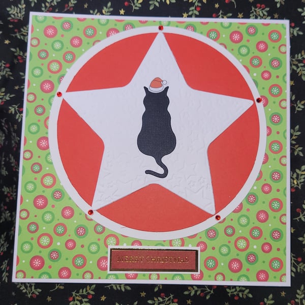 Xmas Star Cat Christmas Card red and green