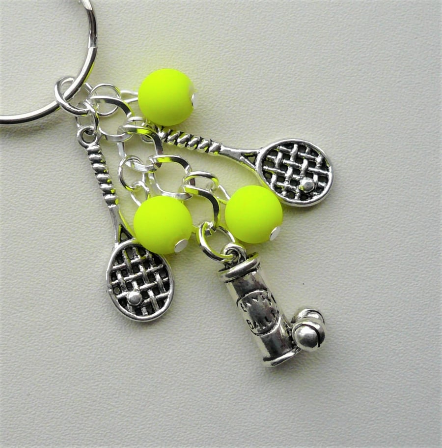 Neon Yellow and Silver Tennis Player Lover Themed Keyring Bag Charm  KCJ1978