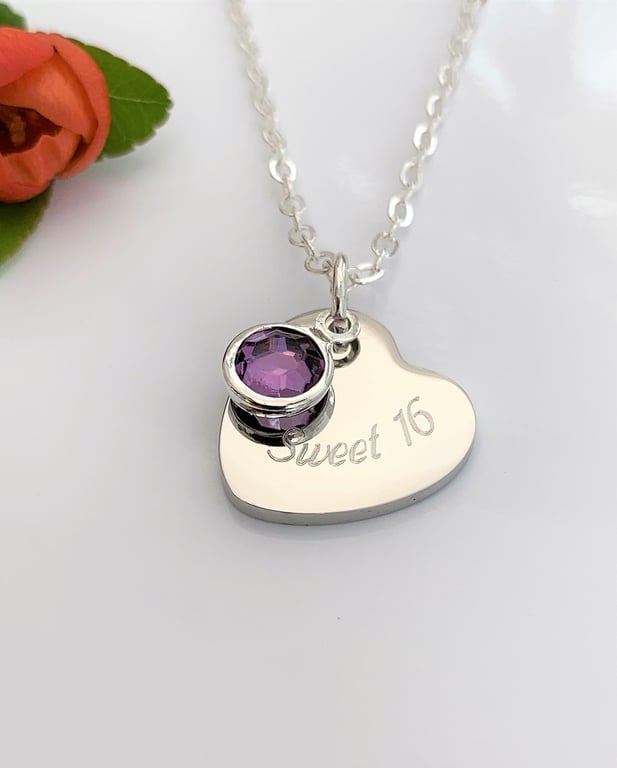 Personalised SWEET 16 Necklace Mirror Polished Pendant Sweet 16 & Birthstone