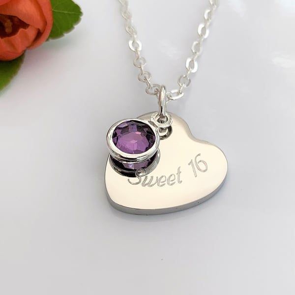 Personalised SWEET 16 Necklace Mirror Polished Pendant Sweet 16 & Birthstone