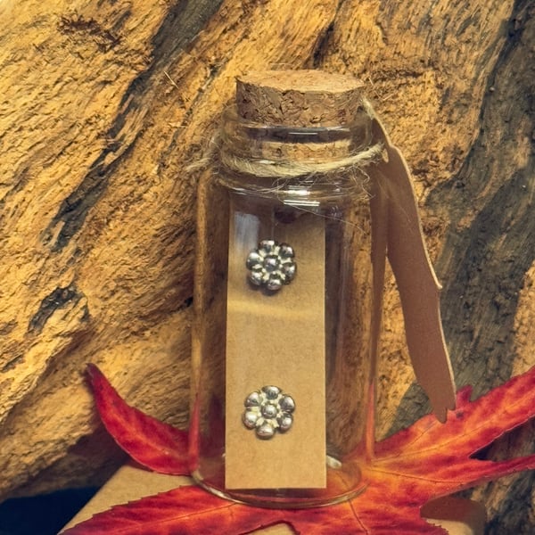 Tiny silver daisy flower stud earrings in a jar 