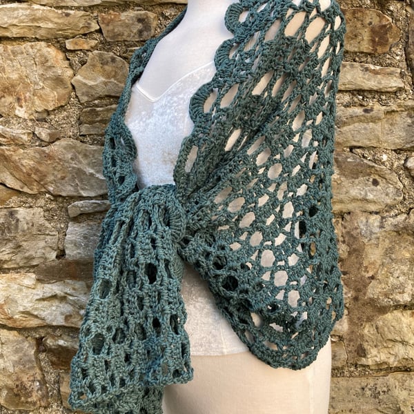 Handmade Amelia shawl in dark sage green soft cotton