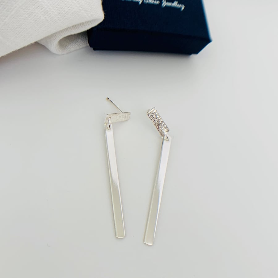 Eco Sterling Silver long thin drop earrings with textured stud