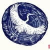 'Heron' woodcut, woodblock print, blue art print