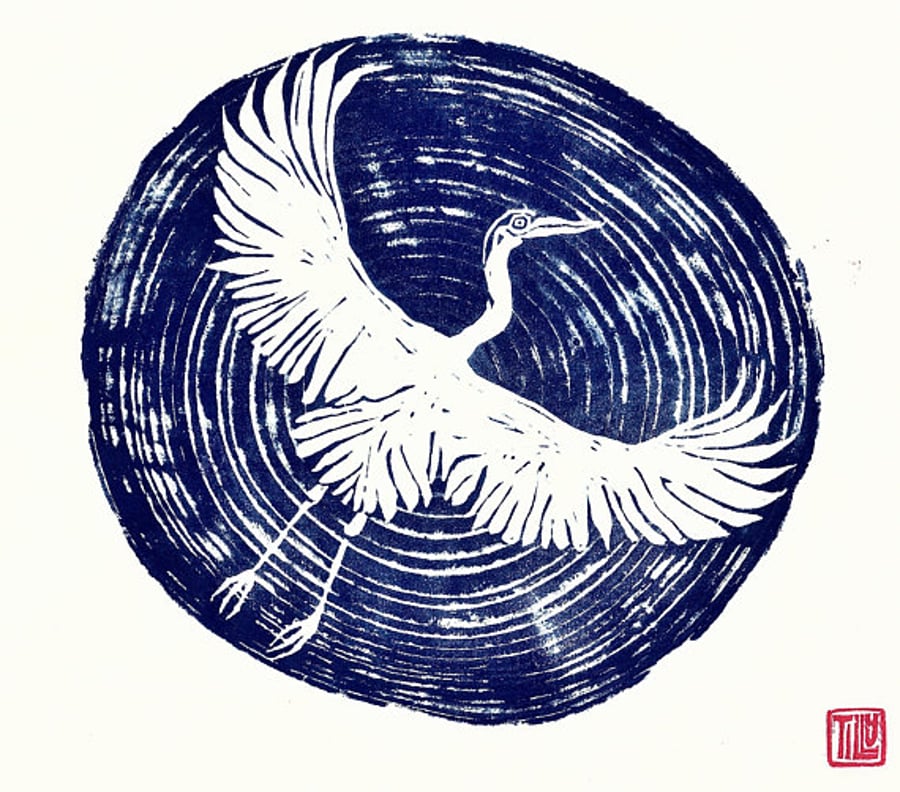 'Heron' woodcut, woodblock print, blue art print