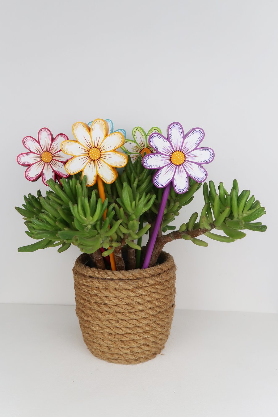 Daisy plant stake, wooden flower pot ornament, plant lover gift