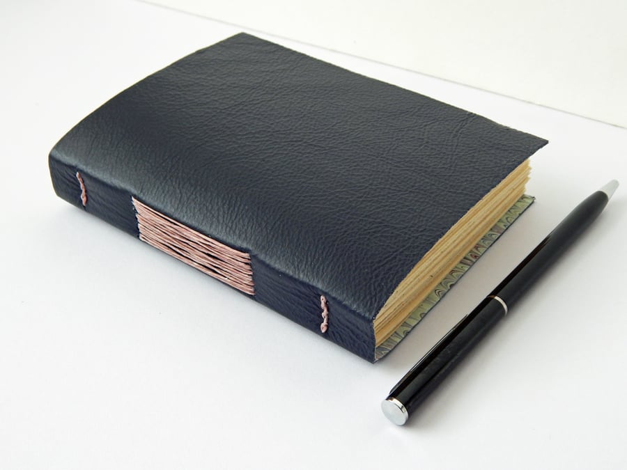 Navy Blue Leather Journal Notebook, Hand Made, with Hand Marbled Paper lining 