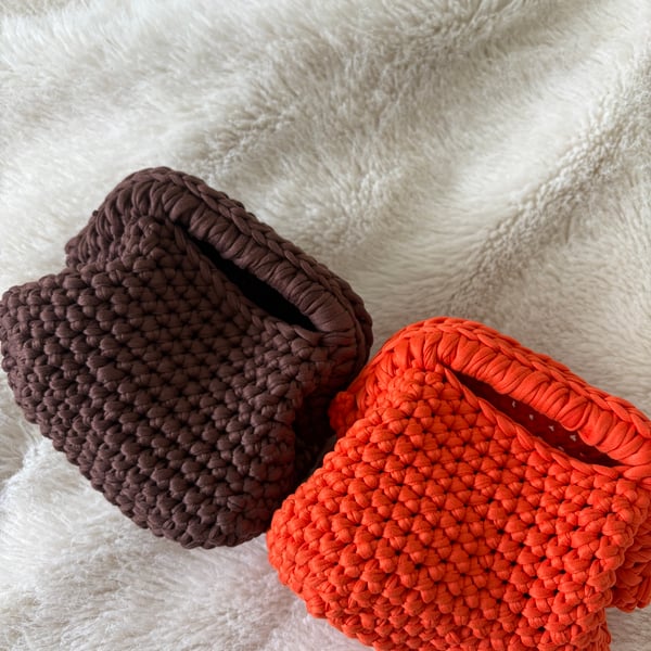 Crochet Clutch Bag – Brown or Orange – Chunky Textured Evening Purse