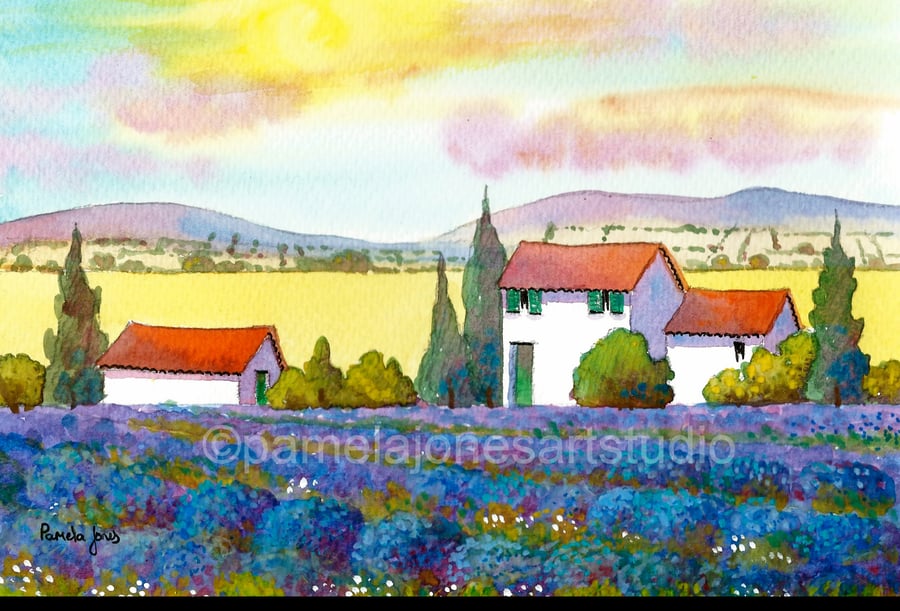 Watercolour Print ::  French House with Lavender, Provence, in 14 x 11'' Mount.