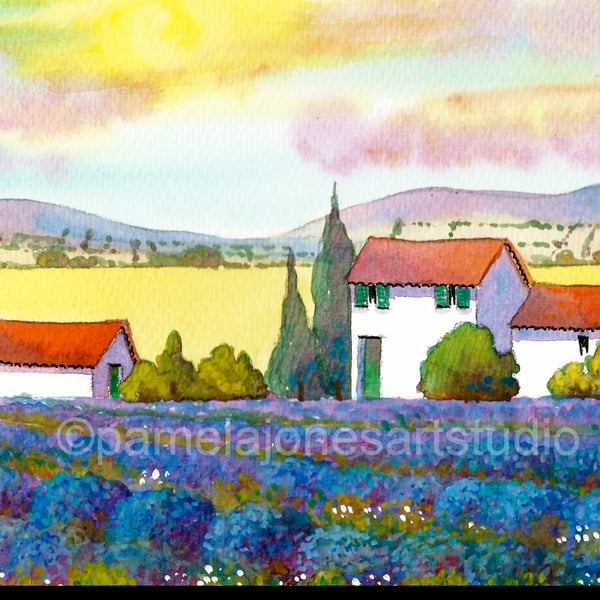 Watercolour Print ::  French House with Lavender, Provence, in 14 x 11'' Mount.