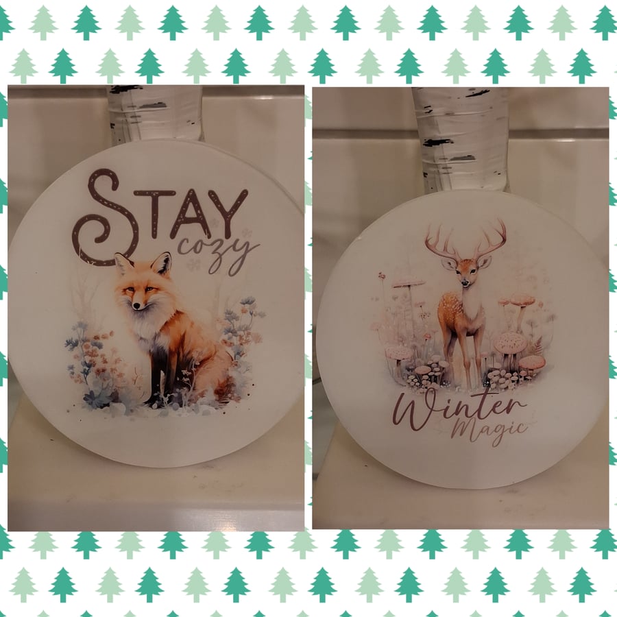 Christmas coasters set of 2,Winter Wonderland Animals, Fox & Deer gift Resin mat