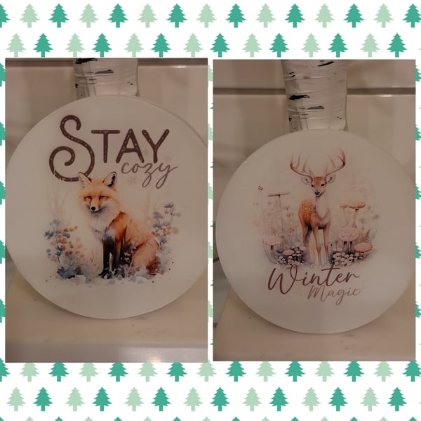 Christmas coasters set of 2,Winter Wonderland Animals, Fox & Deer gift Resin mat