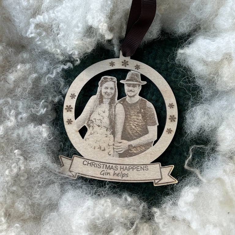 Personalised photo engraved Christmas ornament. Design C2