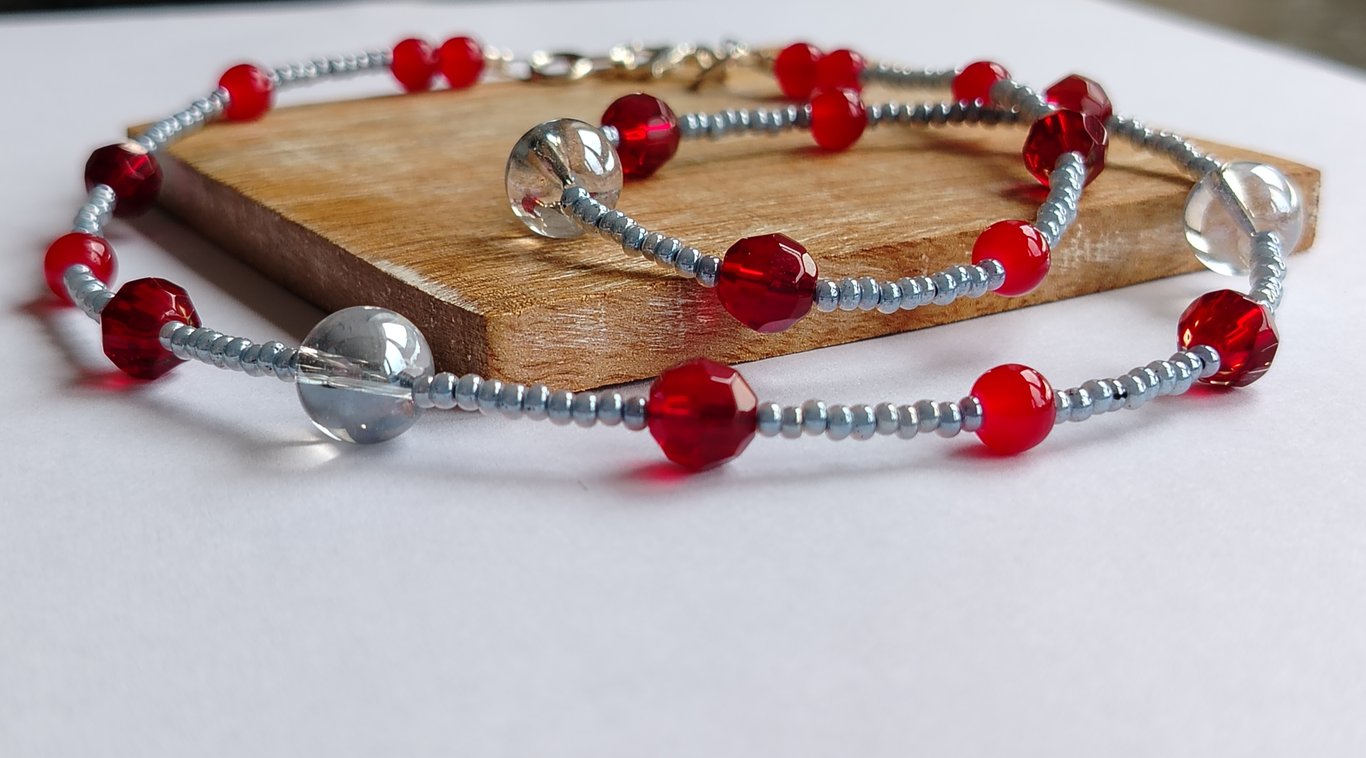 Ruby Red Glass Bead and Grey Seed Bead Necklace