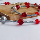 Ruby Red Glass Bead and Grey Seed Bead Necklace