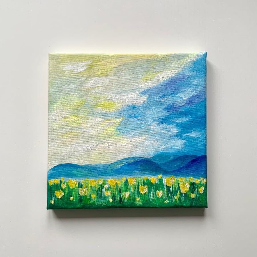 Original acrylic abstract landscape rain painting with yellow flowers