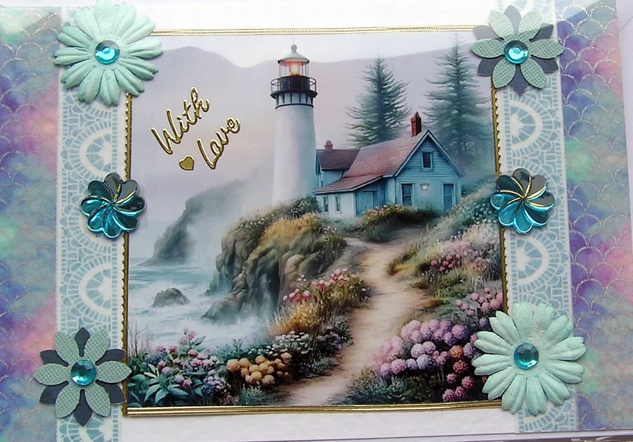 Lighthouse Coastal Scene - Hand Crafted Decoupage Greeting Card - With Love 3280