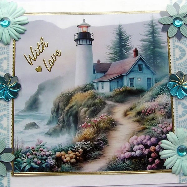Lighthouse Coastal Scene - Hand Crafted Decoupage Greeting Card - With Love 3280