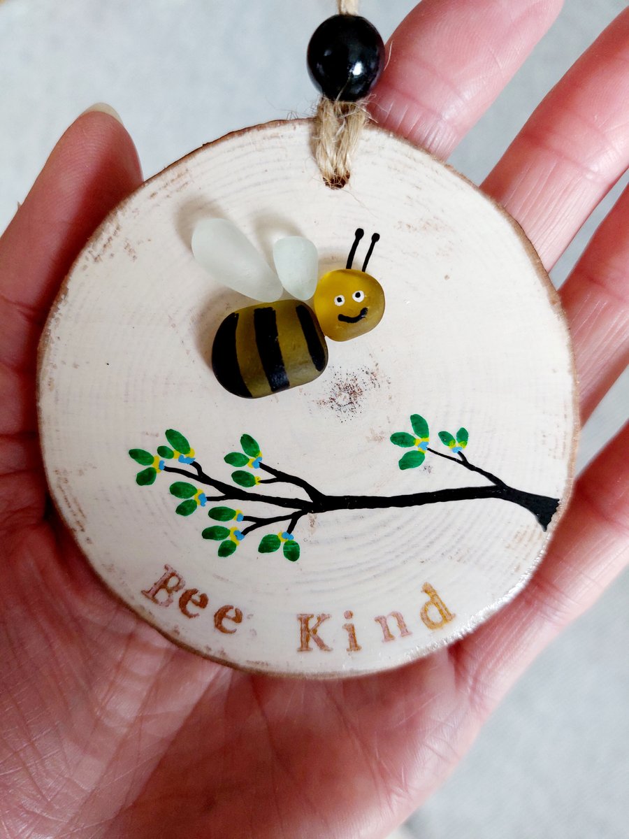 Sea Glass Hanging Decoration, Wood Slice, Bee, Kindness, Cute