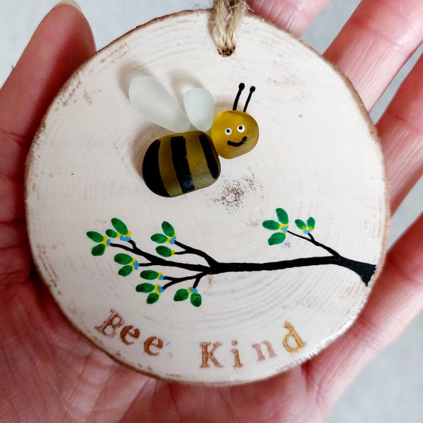 Sea Glass Hanging Decoration, Wood Slice, Bee, Kindness, Cute