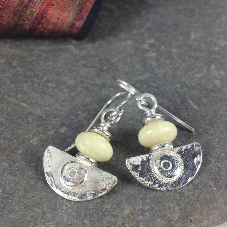 Ulu Earrings , handmade silver and Butter Jade Folksy