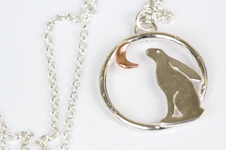 Sterling silver and copper moon gazing hare pendant