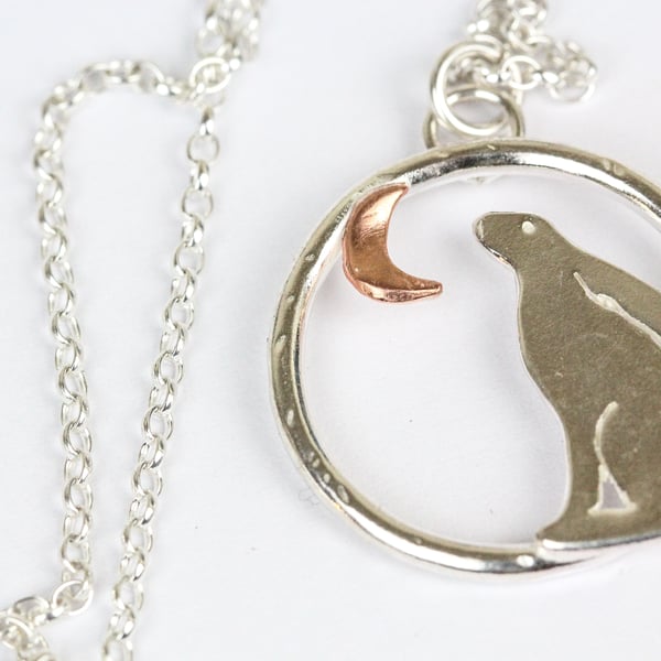 Sterling silver and copper moon gazing hare pendant