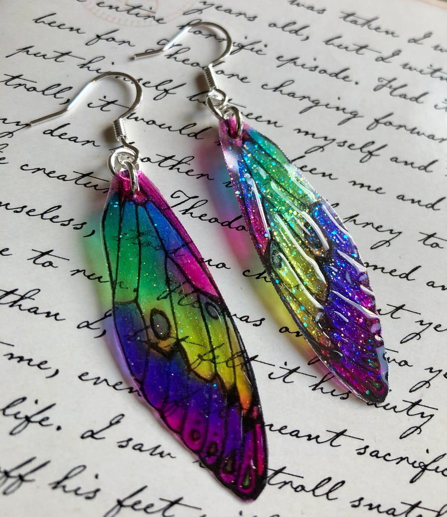 Transparent Purple Pink Yellow Green Fairy Wing Sterling Silver Earrings