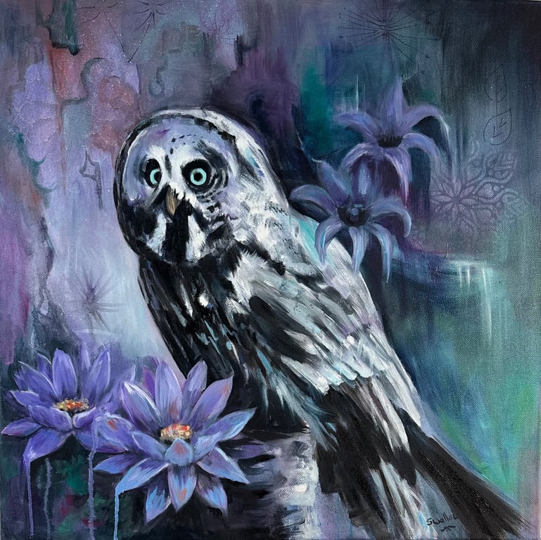 Owl with Lilac Flowers