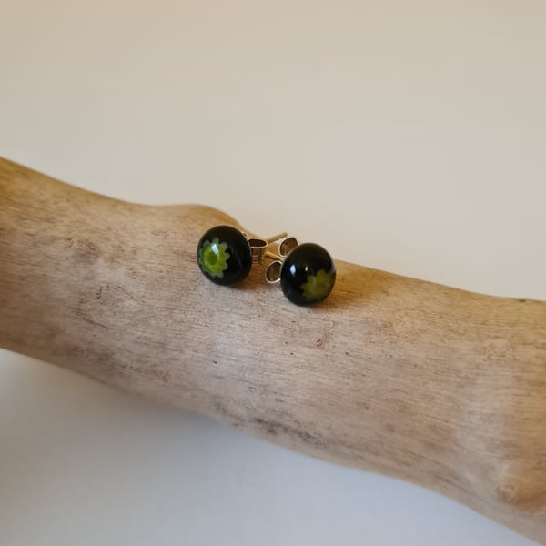 Fused glass black and green floral stud earrings