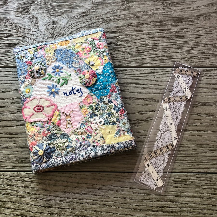 Hand Stitched Fabric Book Cover with Plain Sketch Book & Bookmark
