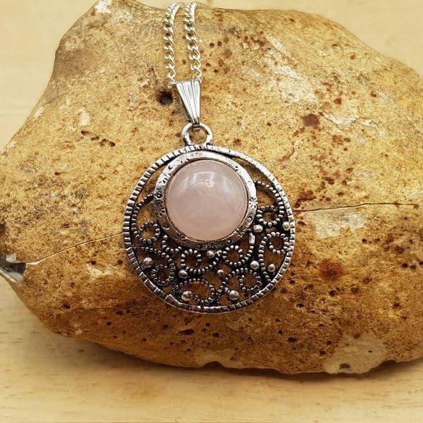 Filigree circle Rose Quartz pendant necklace. January Birthstone.