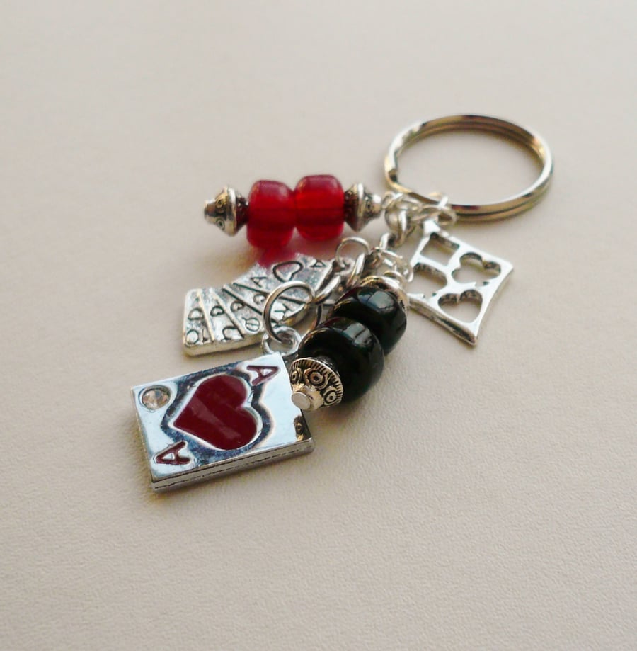Black and Red and Silver  'Ace of Hearts' Keyring Bag Charm  KCJ927