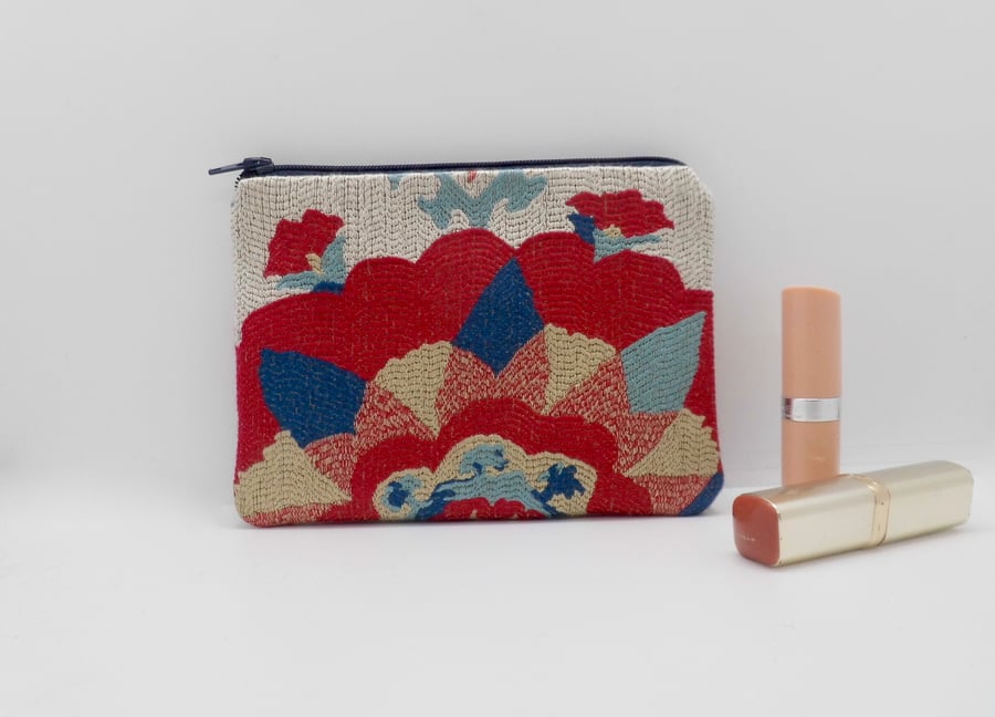 Make up bag or large coin purse in red and blue